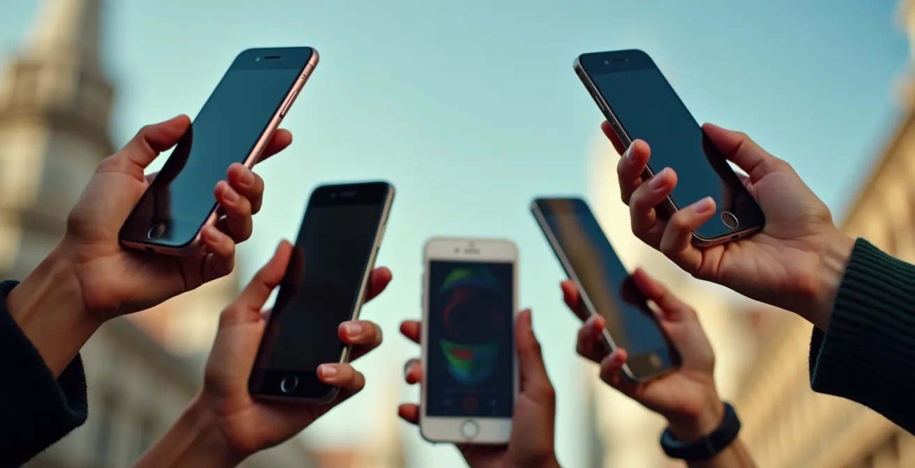 Manos múltiples sosteniendo dispositivos móviles apuntando hacia edificios corporativos