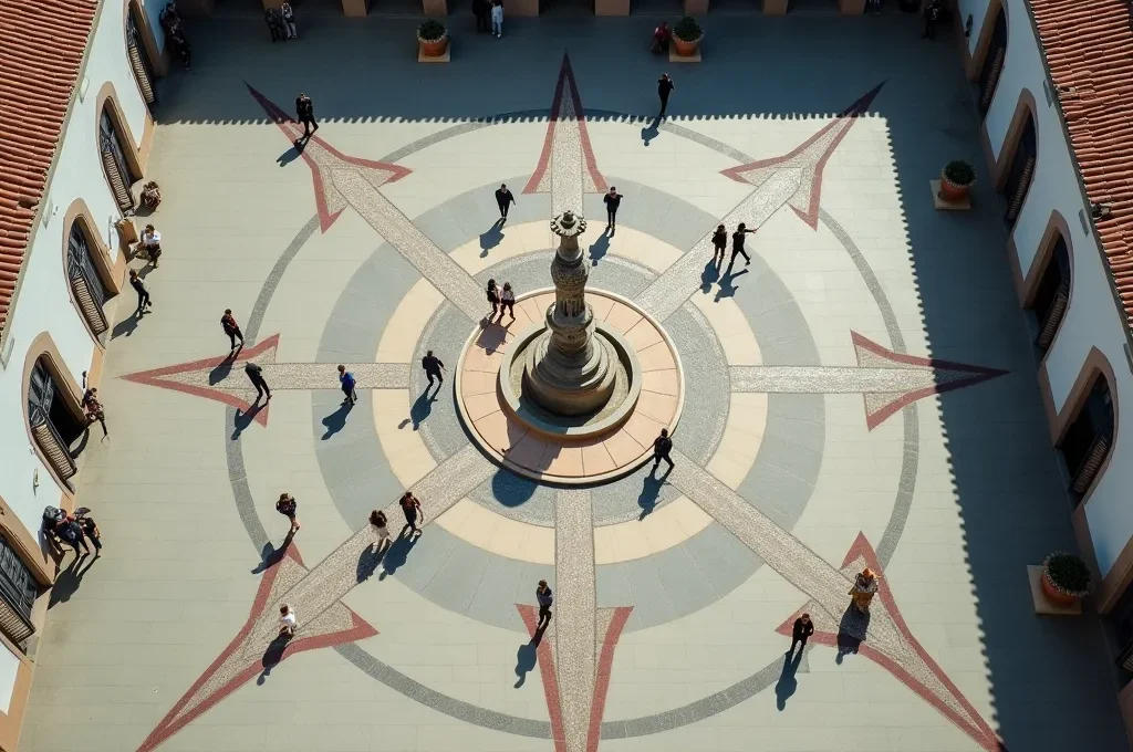 Vista aérea minimalista de personas formando flechas convergentes hacia un punto central en una plaza española