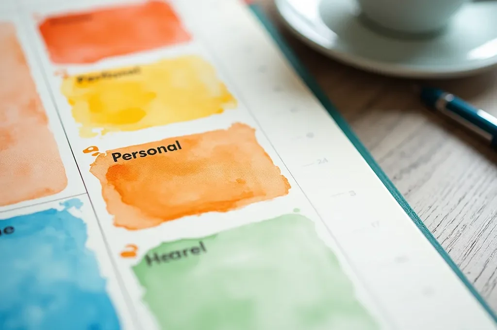 Vista macro de agenda con bloques de tiempo coloreados y espacios flexibles