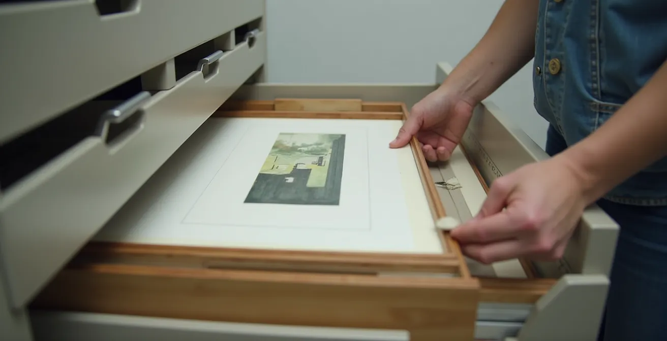 Interior de un sistema de almacenamiento profesional para arte con cajones abiertos mostrando obras protegidas