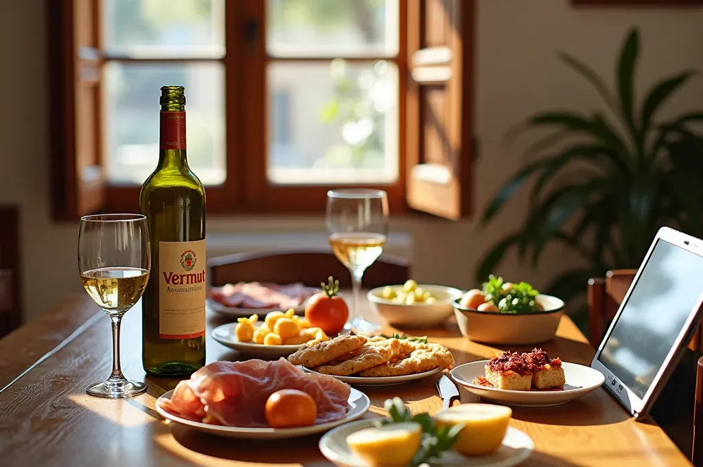 Familia española compartiendo aperitivo virtual desde diferentes hogares, con una mesa puesta con vermut y tapas y una tablet en un extremo