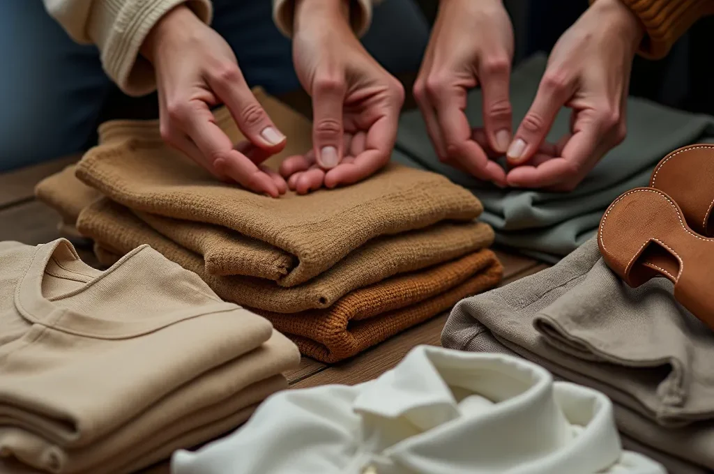 Vista cenital de manos organizando de forma minimalista un armario cápsula con prendas sostenibles de fibras naturales españolas.