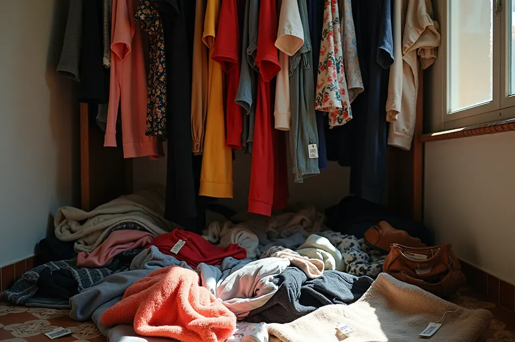 Perchero abarrotado con etiquetas de precio visibles y prendas sin usar que representan el gasto impulsivo por seguir tendencias.