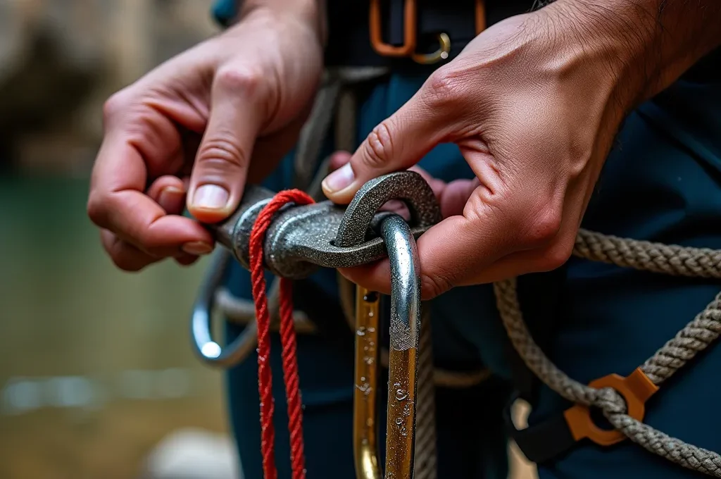 Barranquista evaluando equipamiento técnico antes del descenso en barranco de Guara