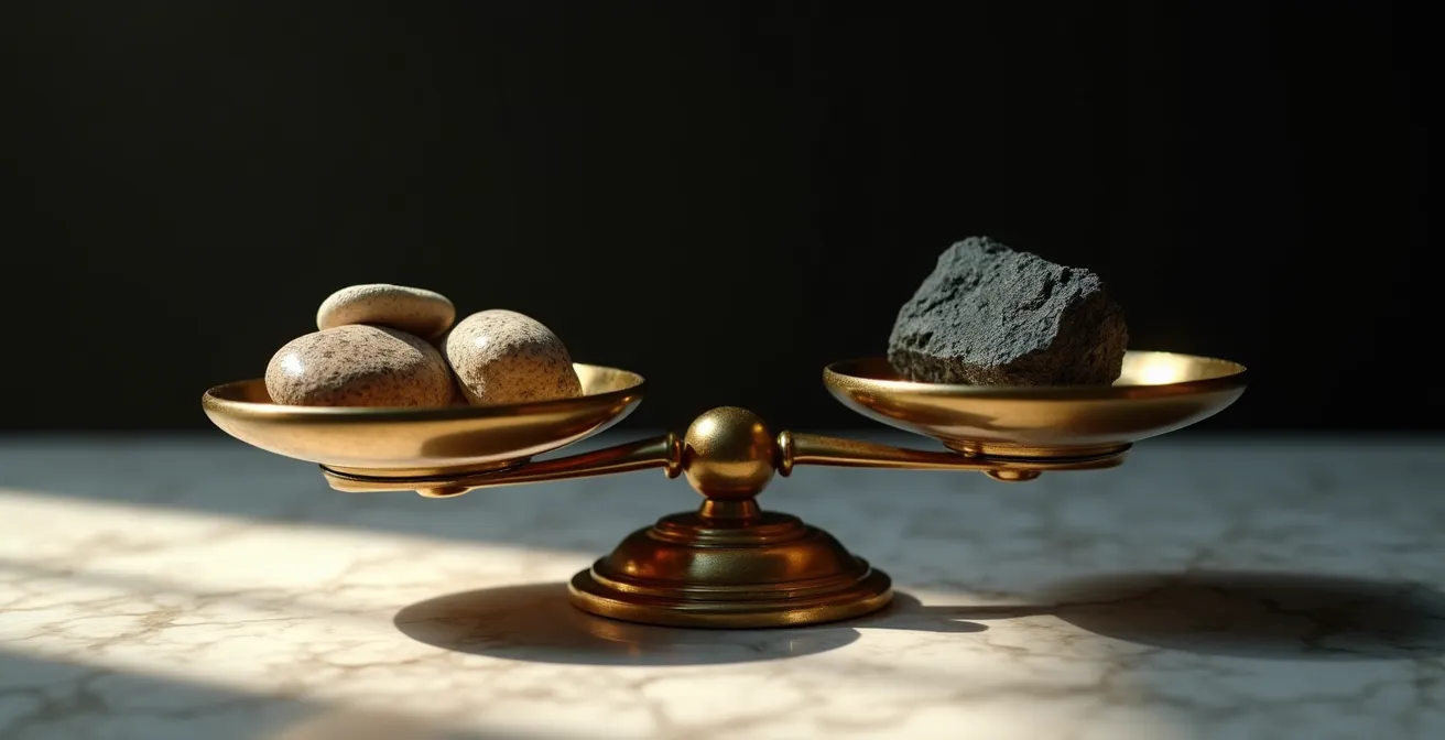 Balanza antigua de latón en equilibrio perfecto sobre superficie de mármol