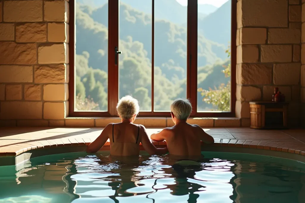 Vista panorámica de un balneario rural en zona montañosa con pocas personas