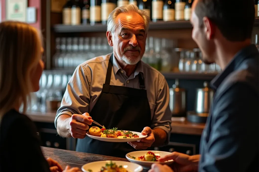 Interior de bar de tapas español tradicional con barra llena de locales y suelo con servilletas