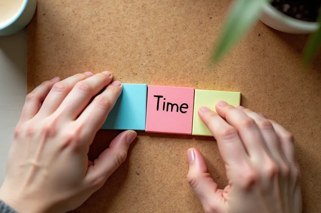 Vista cenital de un escritorio organizado con planificador diario dividido en secciones