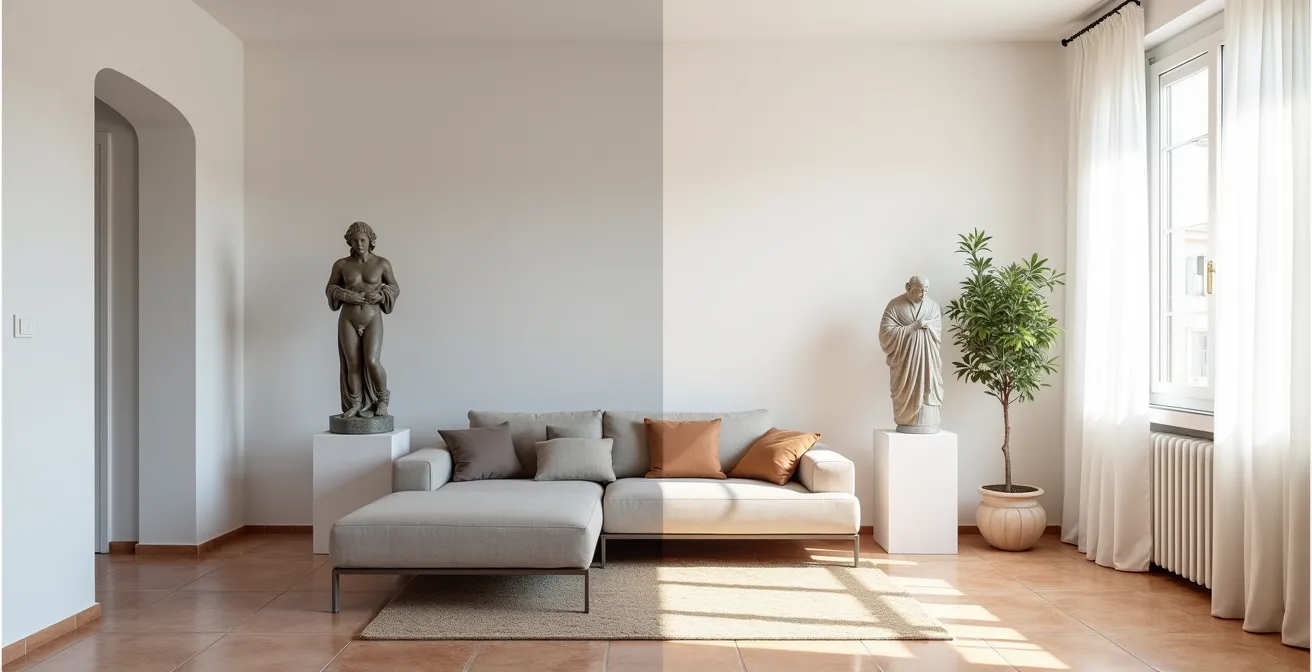 Diagrama visual de proporciones ideales para esculturas en diferentes espacios mostrando cómo una pieza bien dimensionada armoniza y una sobredimensionada satura.