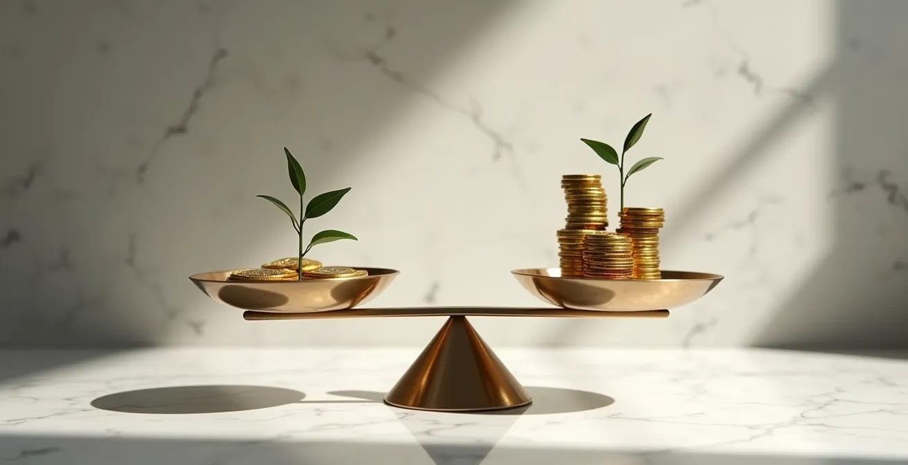 Comparación visual de opciones de gestión de inversiones con balance de costes y beneficios