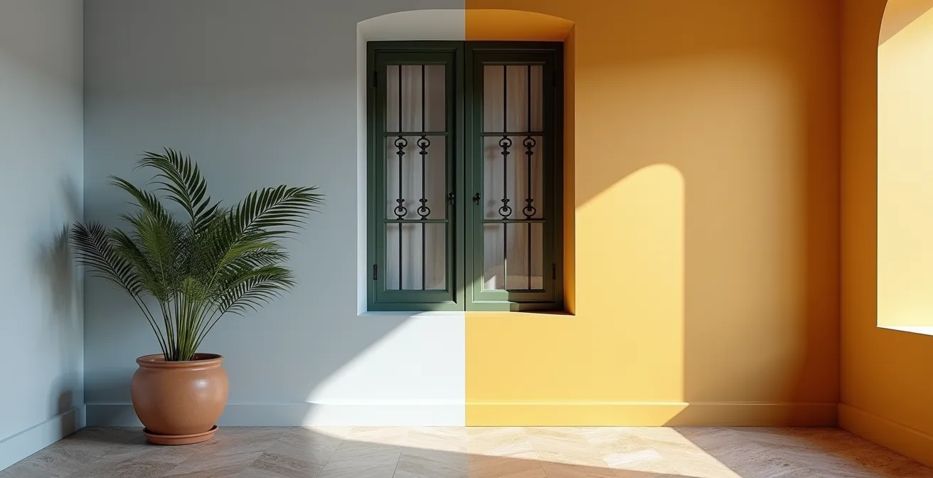 Comparación visual de un mismo rincón interior español, a la izquierda con gris frío bajo luz norteña y a la derecha con gris cálido bajo luz sureña, mostrando el cambio de percepción del color.