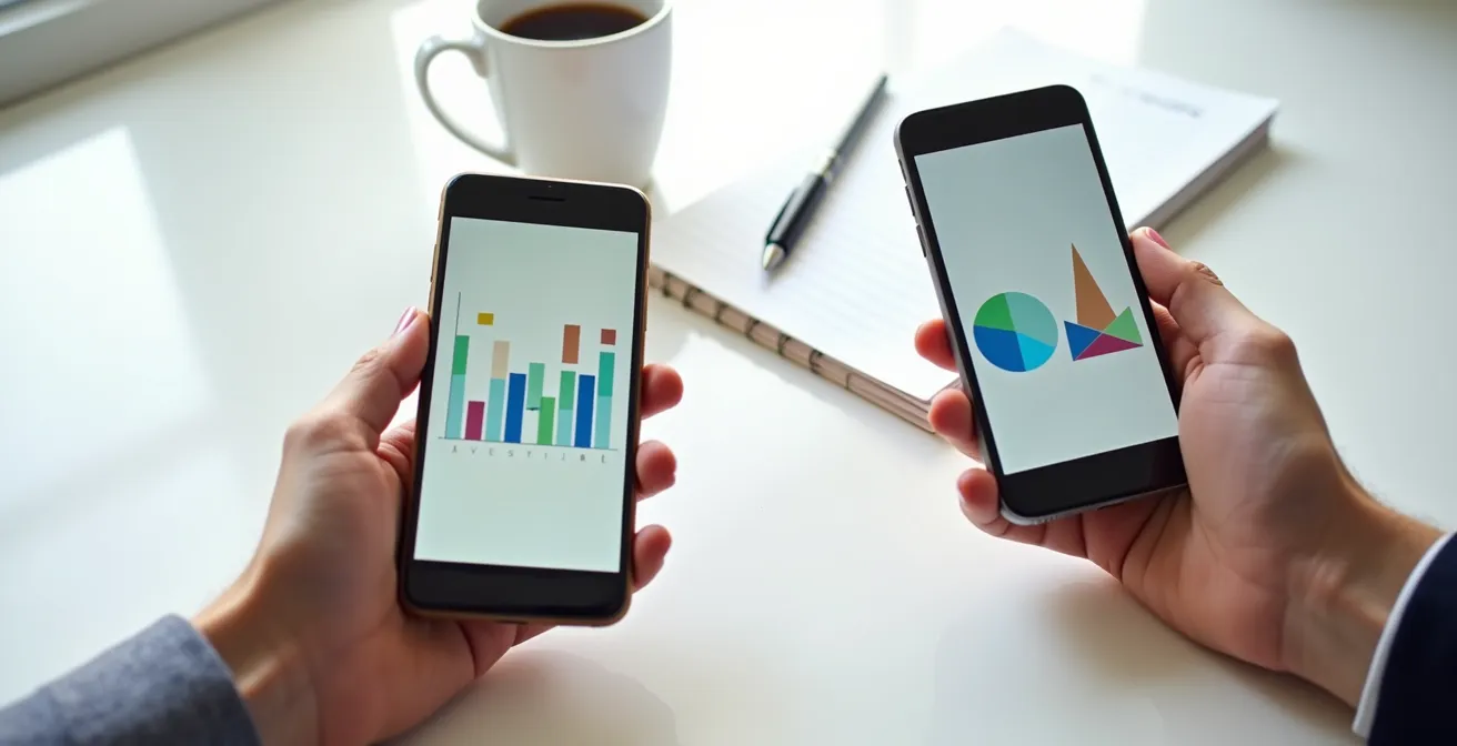 Manos comparando diferentes dispositivos con aplicaciones de inversión