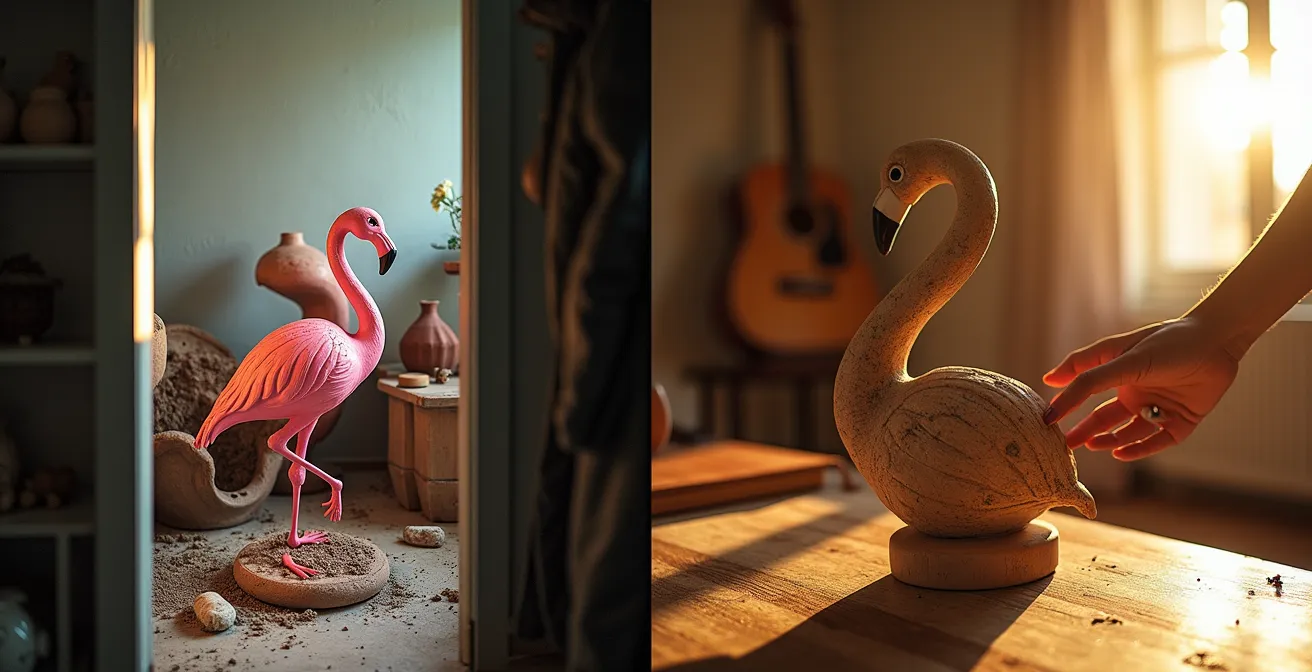 Contraste entre un objeto decorativo viral y pasado de moda y una pieza artesanal española atemporal y valorada.