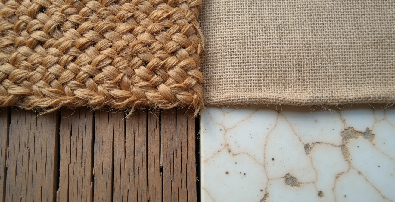 Muestras de lino, yute, madera y piedra dispuestas sobre superficie neutra