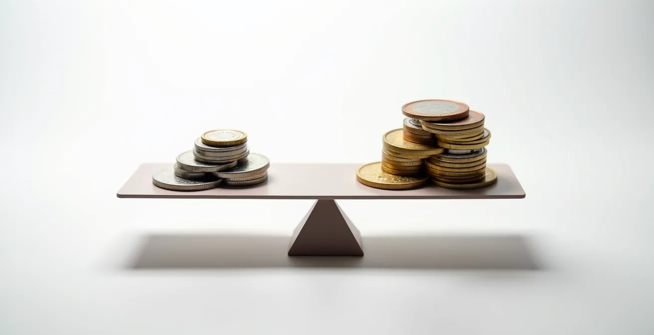 Comparación visual abstracta entre dos montones de monedas de diferente altura, representando el impacto de las comisiones altas frente a las bajas.