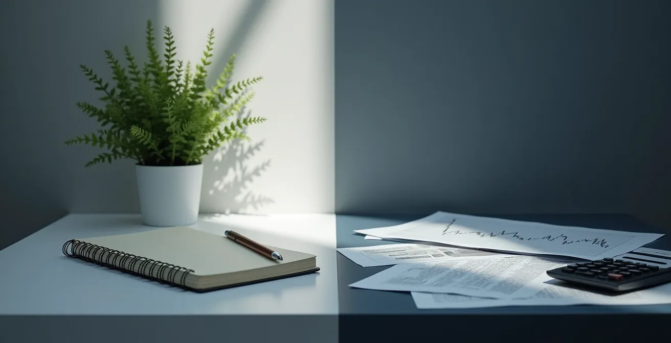 Contraste visual entre una interfaz de inversión minimalista que representa la inversión pasiva y una compleja y sobrecargada que simboliza el trading activo