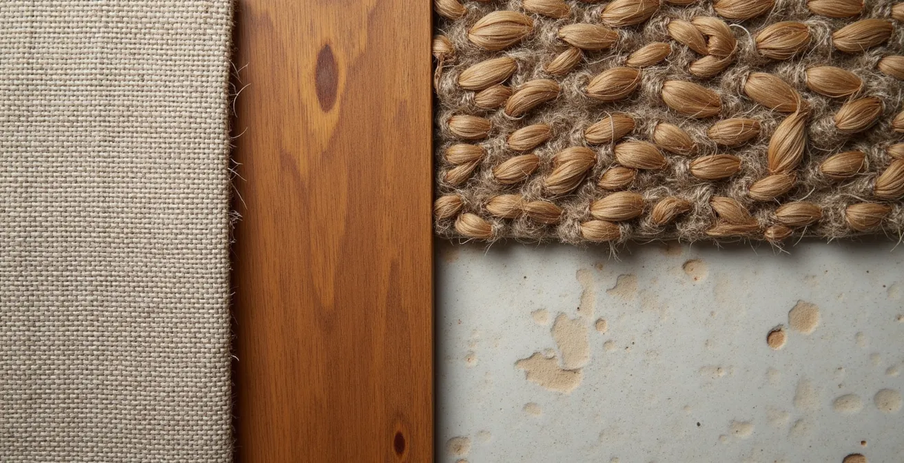 Comparación visual de lino, yute, madera y piedra con sus características de mantenimiento