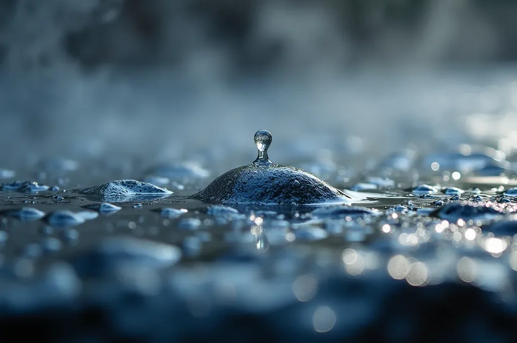 Detalle macro de gotas de agua sobre piedra volcánica caliente con vapor