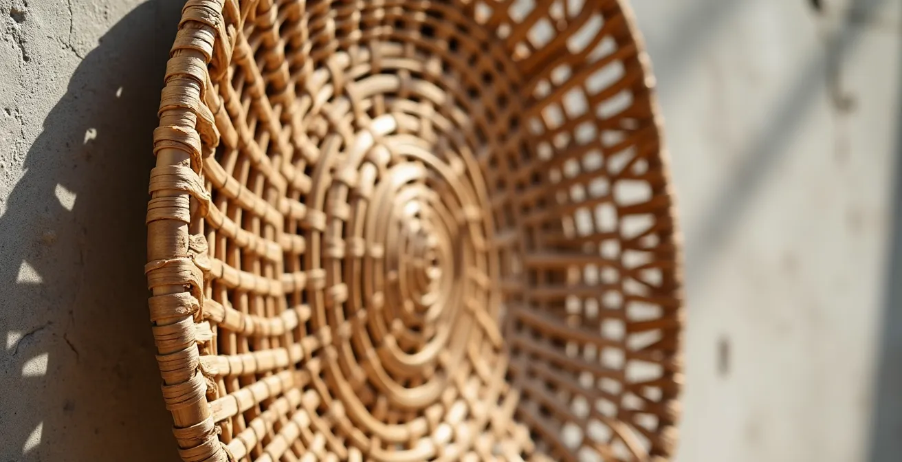 Detalle de pared de hormigón pulido con cesta artesanal de esparto andaluz colgada