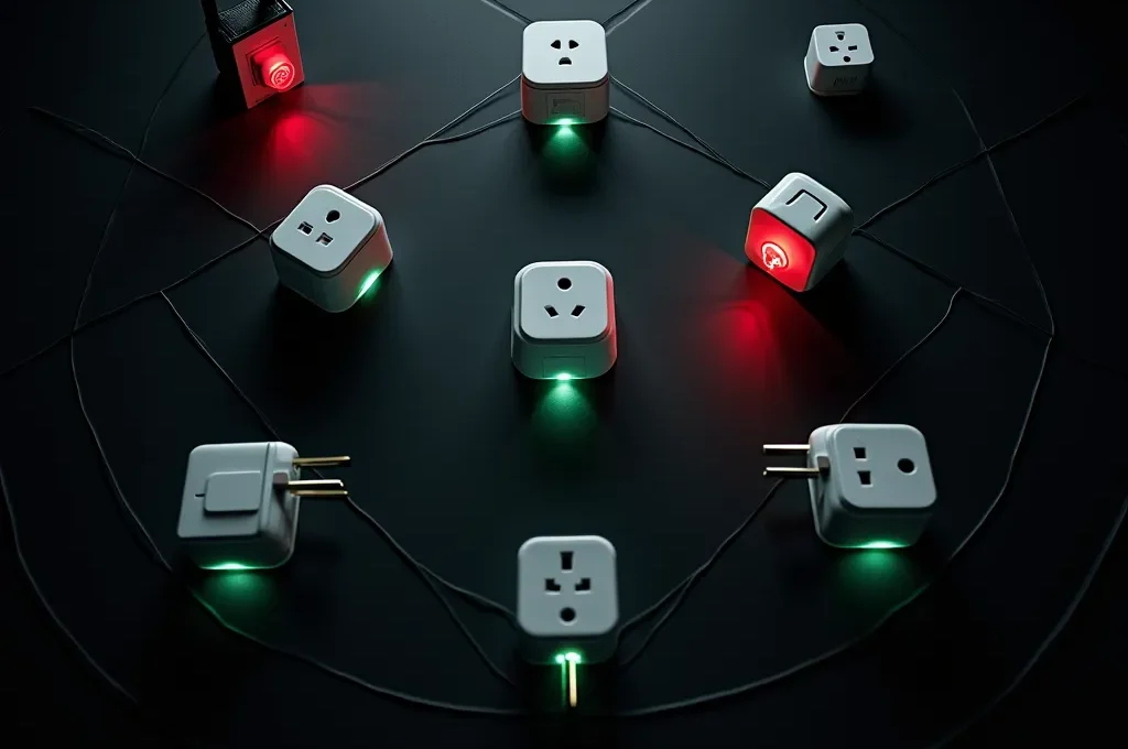 Vista aérea de dispositivos inteligentes del hogar con auras de seguridad