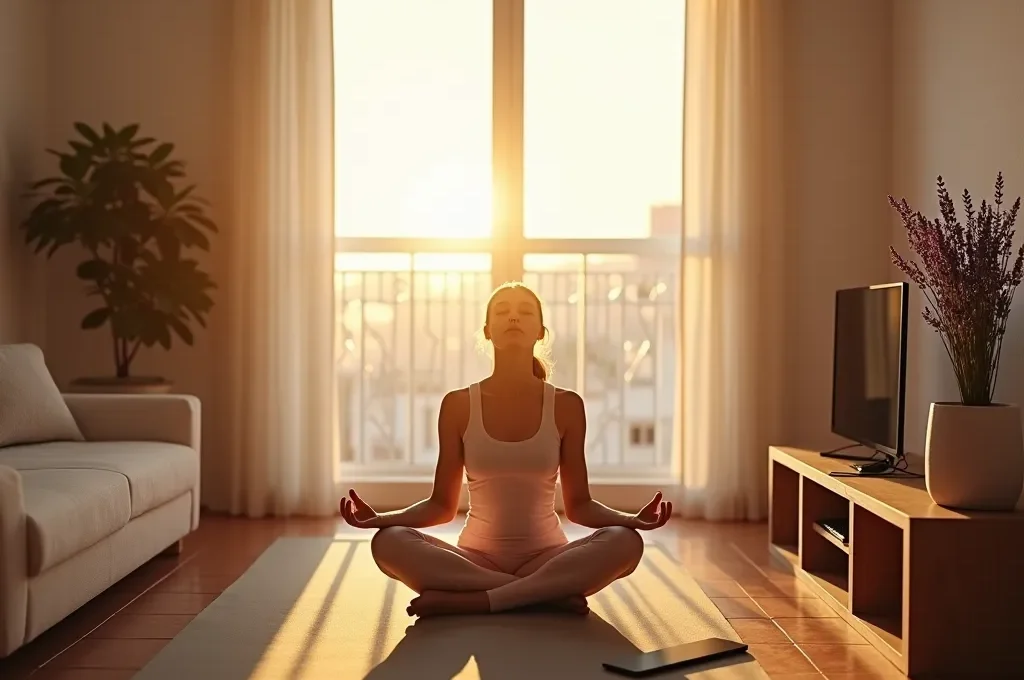 Espacio sereno con dispositivos apagados y persona practicando respiración consciente al atardecer