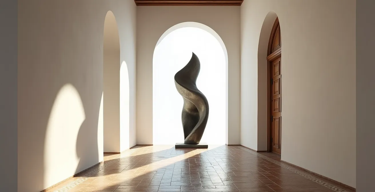 Escultura alta al final de pasillo español iluminada con luz lateral creando sombras