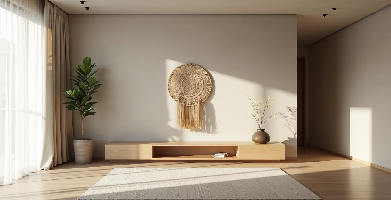 Interior minimalista mostrando el uso del espacio negativo con texturas naturales selectivas