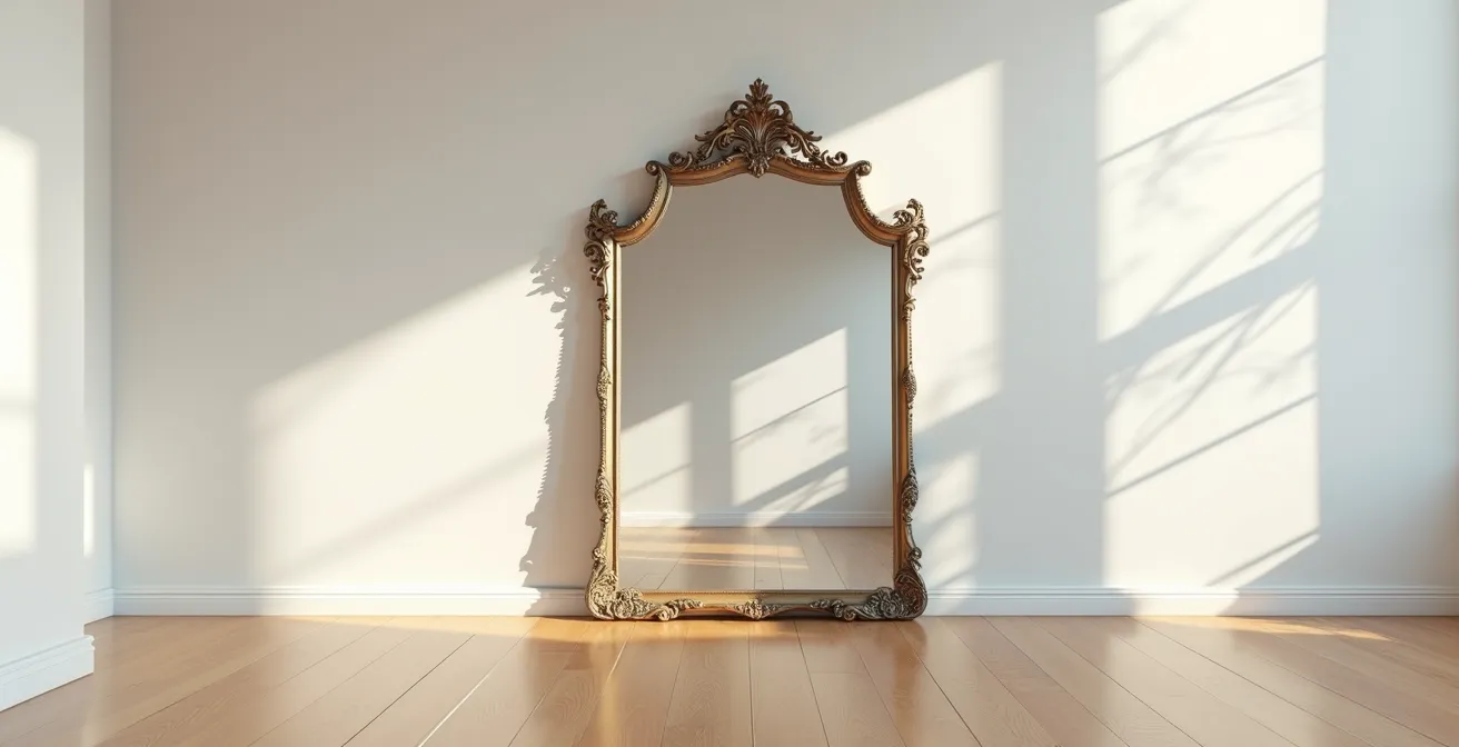 Espejo antiguo con marco ornamental reflejando luz natural creando múltiples reflexiones