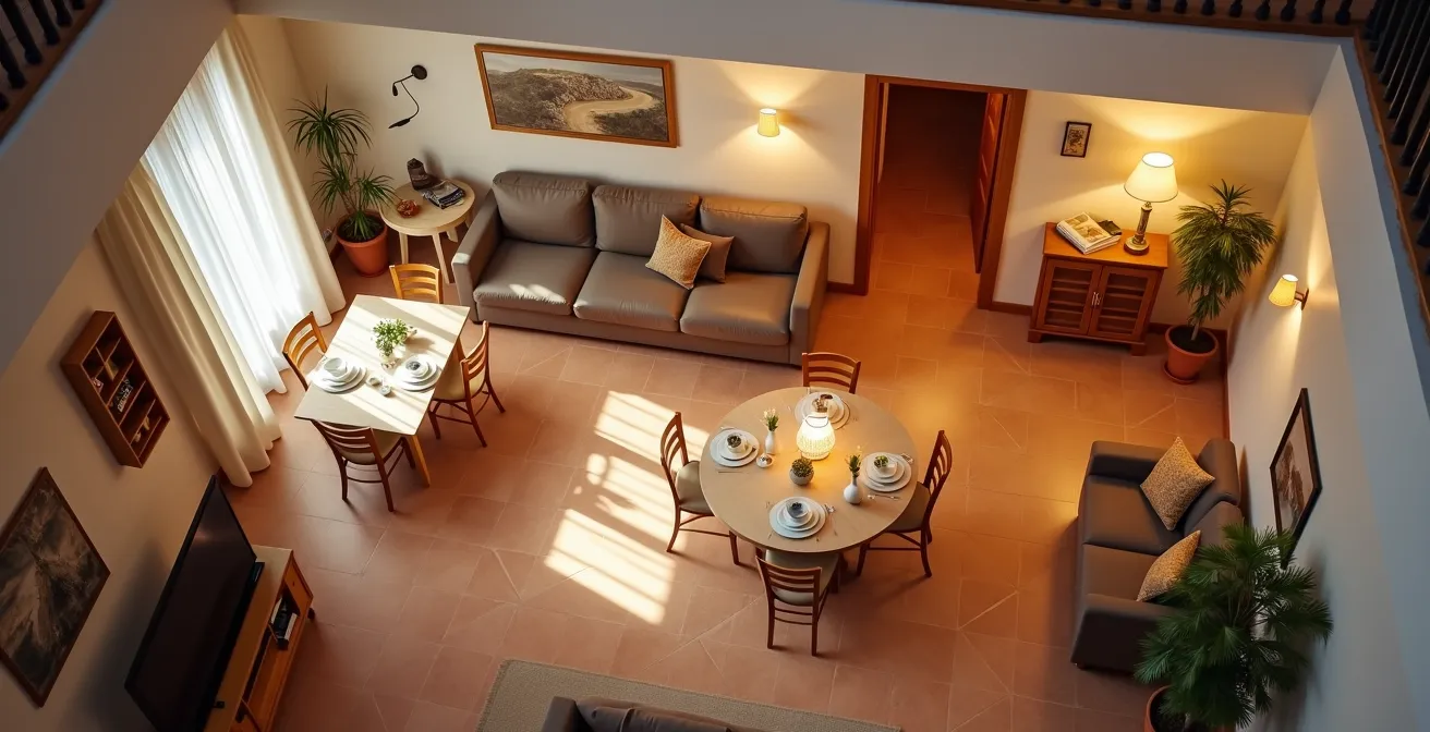 Vista cenital de salón español de 25m² mostrando disposición de tres capas de iluminación LED