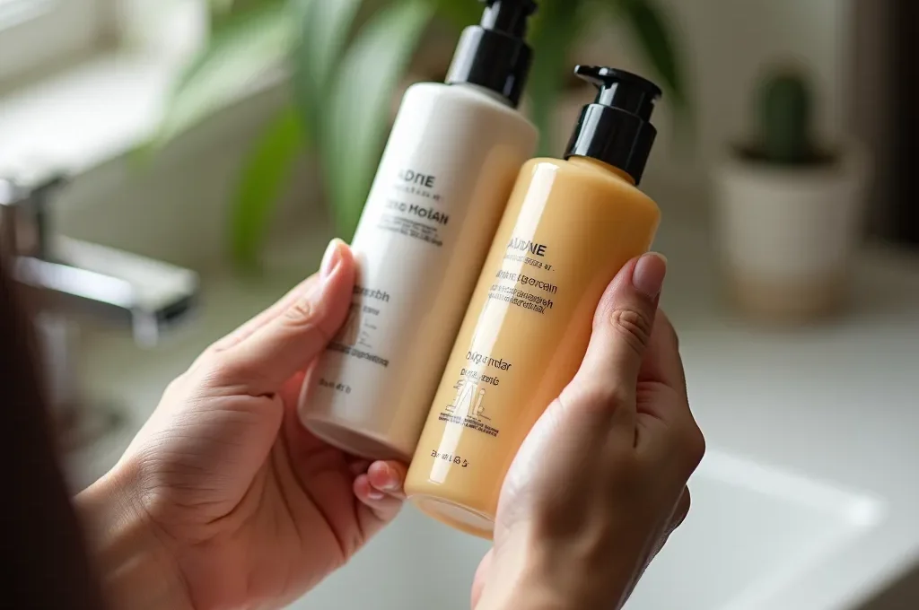 Mano sosteniendo envase cosmético con etiqueta trasera visible, luz natural desde ventana