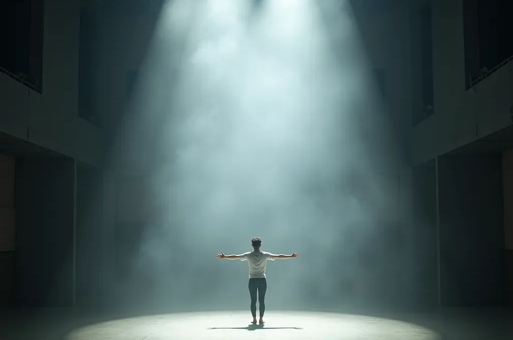 Un participante en el centro de un vasto espacio teatral, con los brazos extendidos, completamente absorbido por la experiencia y sin dispositivos electrónicos a la vista.