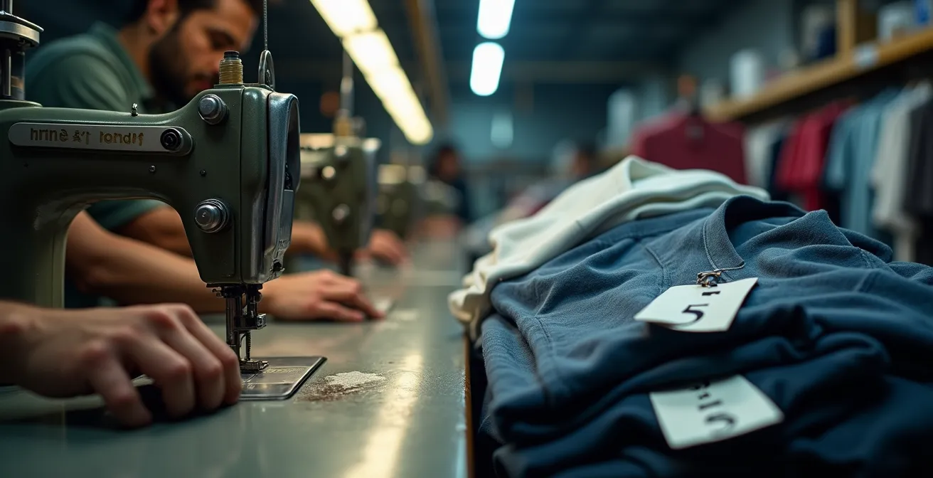 Contraste entre fábrica textil industrial y prendas de bajo coste en tienda