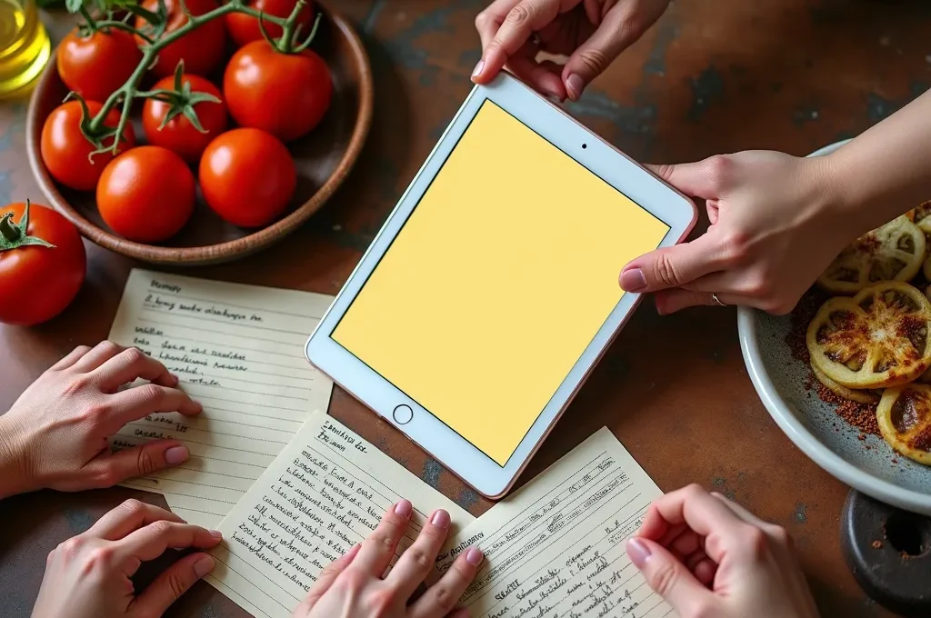 Familia multigeneracional compartiendo recetas tradicionales a través de dispositivos digitales