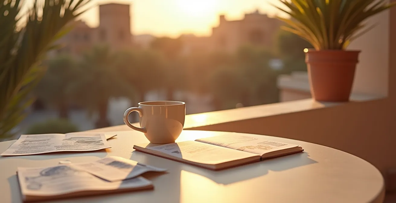 Mesa con café, libreta de notas y elementos visuales que representan un momento de reflexión semanal