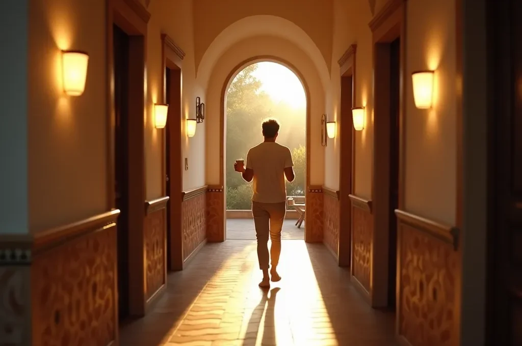 Persona caminando por pasillo de hogar español con luces activándose automáticamente por sensores