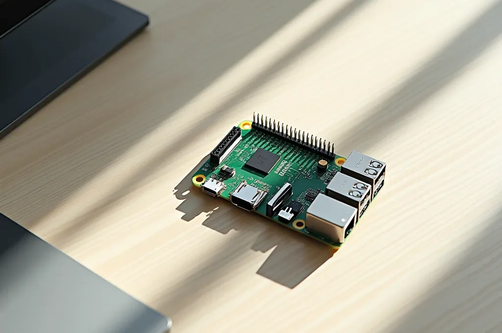 Vista cenital minimalista de una Raspberry Pi con Home Assistant instalado sobre escritorio limpio