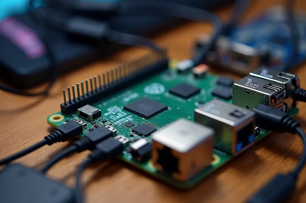 Mesa de trabajo con hub domótico local conectando múltiples dispositivos de diferentes marcas