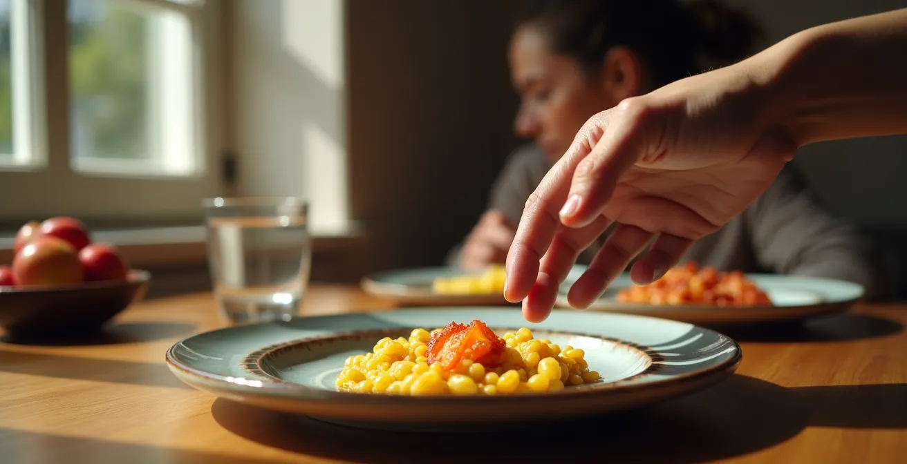 Mano pausada sobre un plato de comida mediterránea en momento de reflexión consciente
