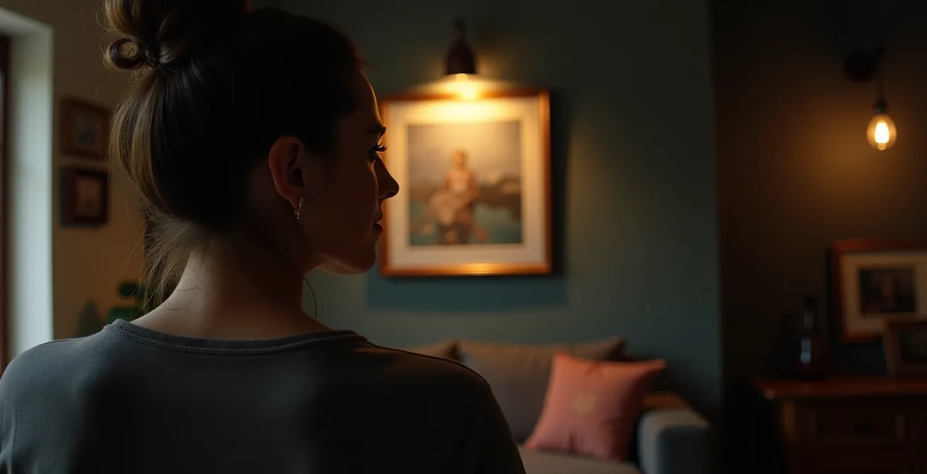 Una persona contempla una obra de arte modesta, que se convierte en protagonista gracias a un foco de luz cálida sobre una pared de color oscuro.