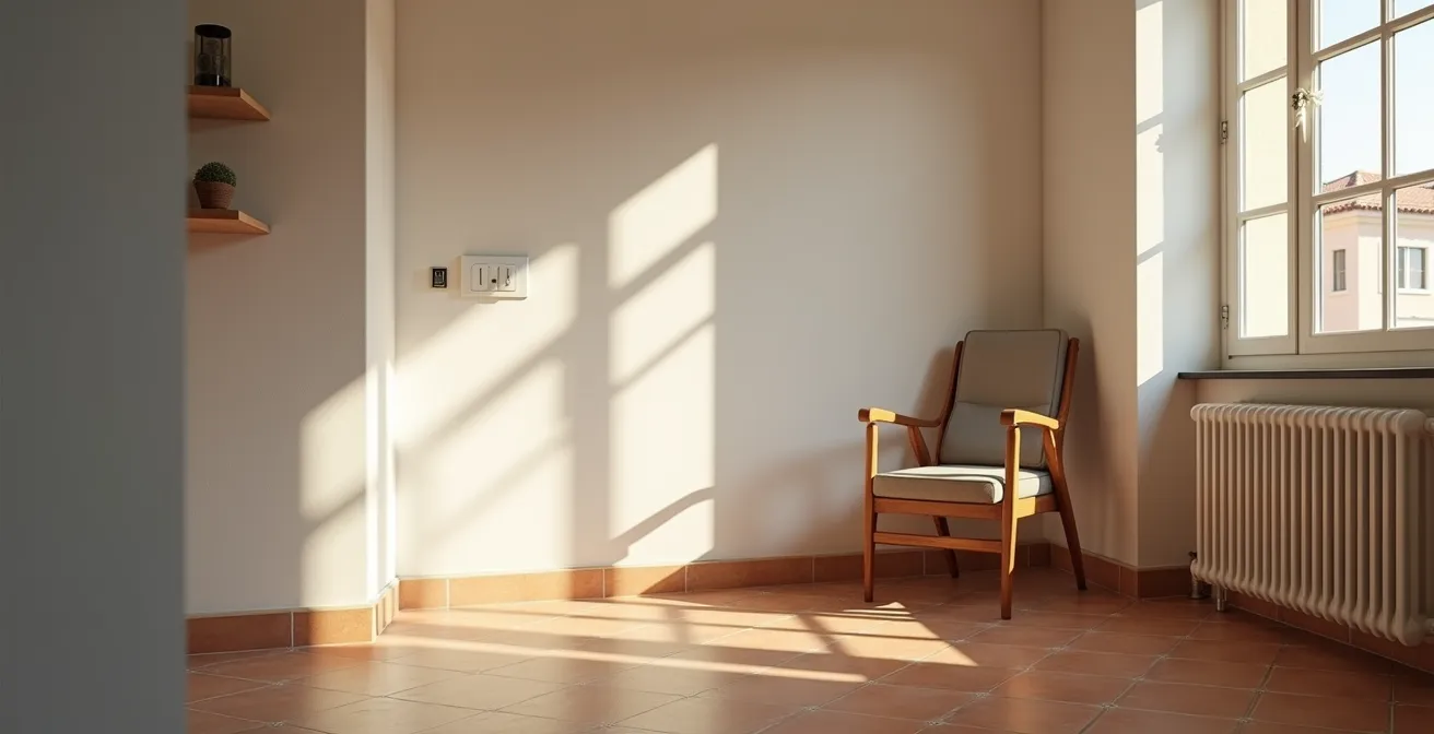 Interior de piso español antiguo con dispositivos domóticos discretamente integrados