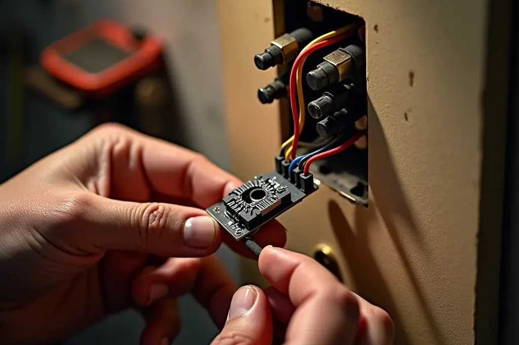 Manos instalando un módulo de interruptor inteligente detrás de un mecanismo de pared español