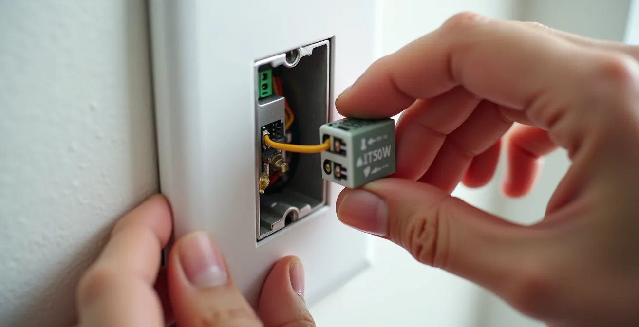 Manos instalando un módulo inteligente detrás de un interruptor tradicional en pared