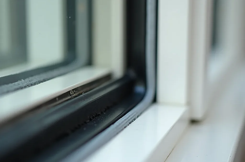 Detalle macro de burletes instalados en ventana y aireadores de grifo