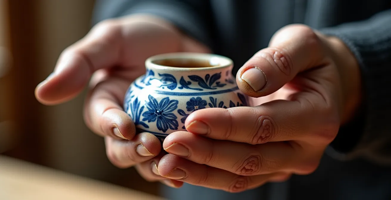 Detalle de manos sosteniendo una pieza de cerámica artesanal con luz natural resaltando las texturas