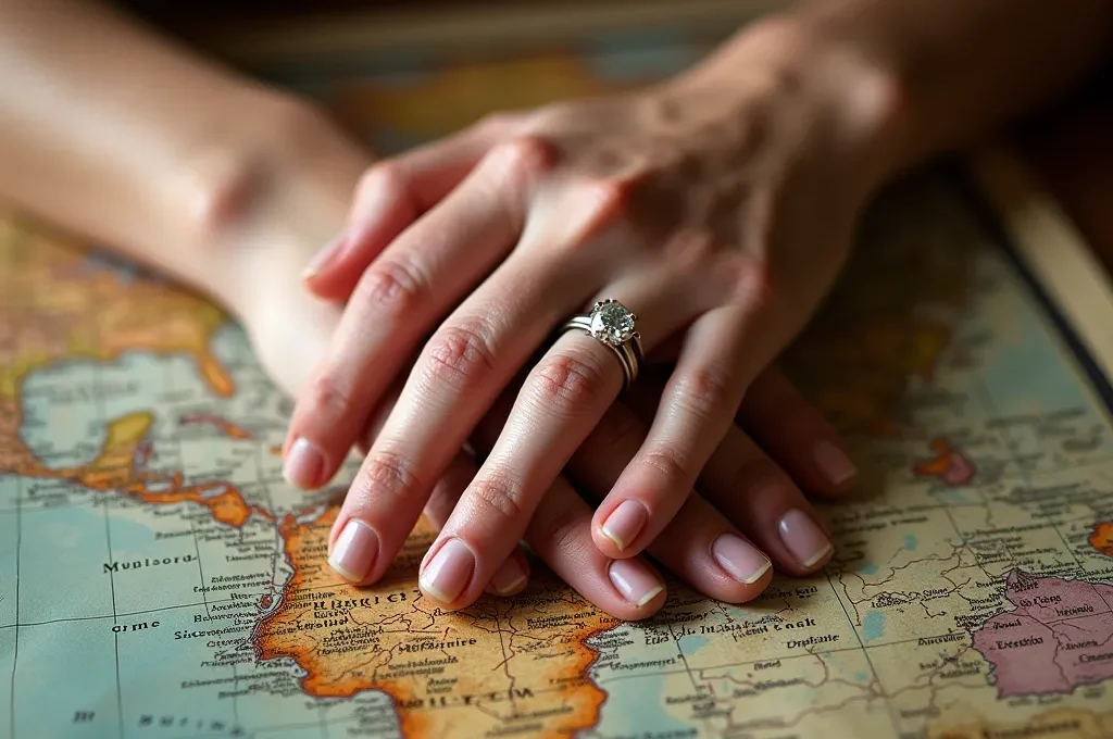 Manos de pareja entrelazadas sobre un mapa físico desplegado en mesa de madera antigua