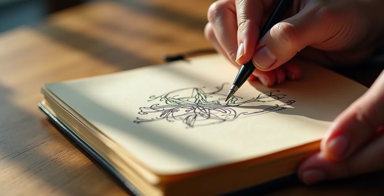 Primer plano de manos escribiendo en cuaderno con notas sobre criterios de colección artística