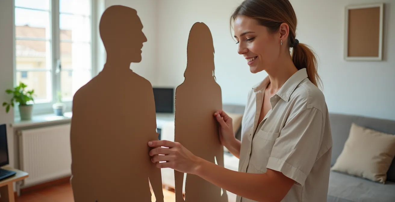 Persona colocando silueta de cartón a escala real en salón español para probar ubicación
