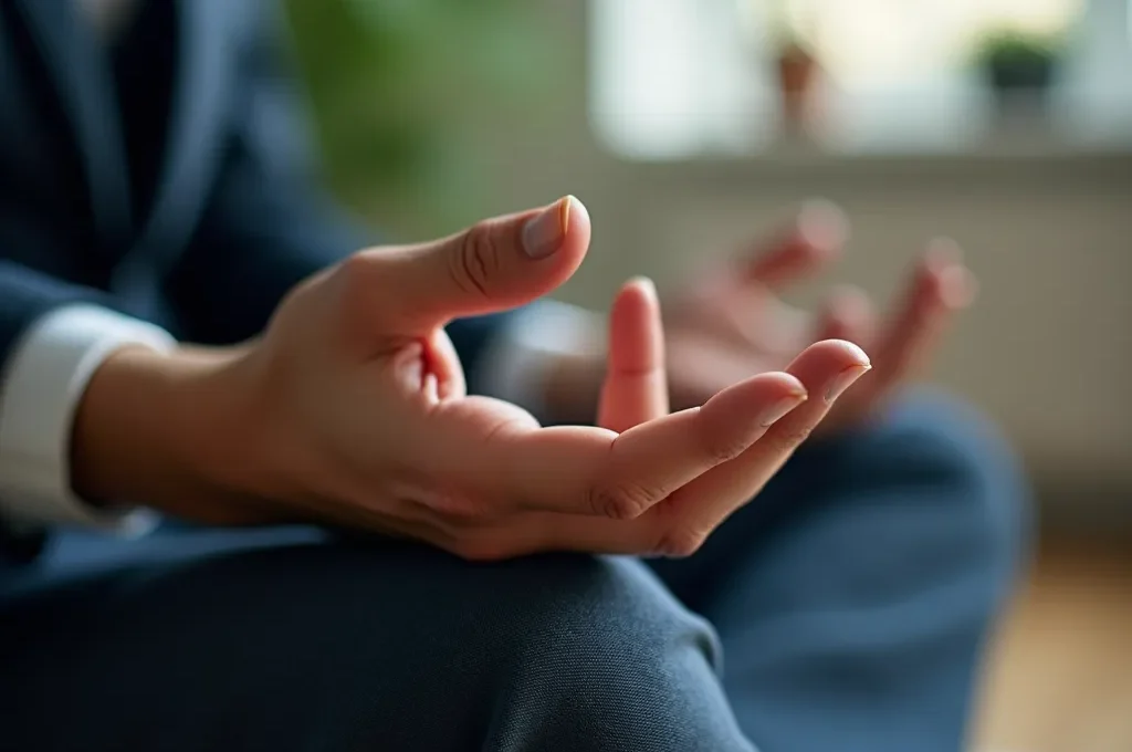 Profesional practicando mindfulness discreto en entorno de oficina