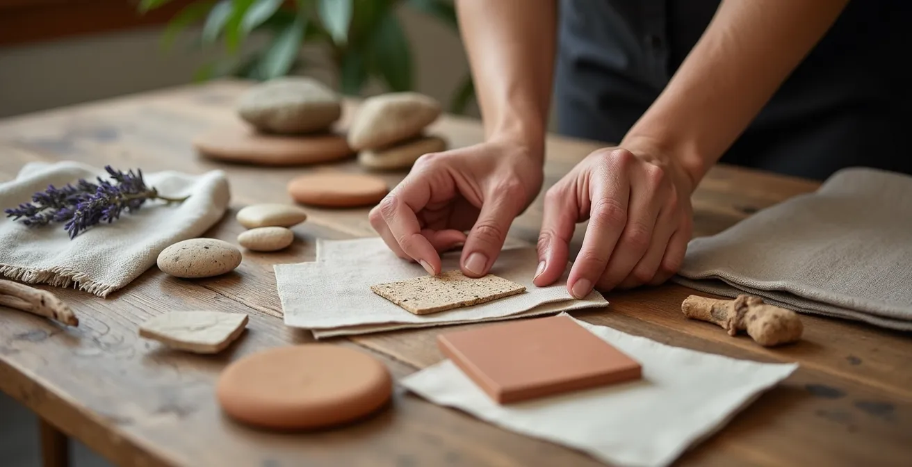 Composición de muestras de materiales y texturas mediterráneas sobre mesa de madera