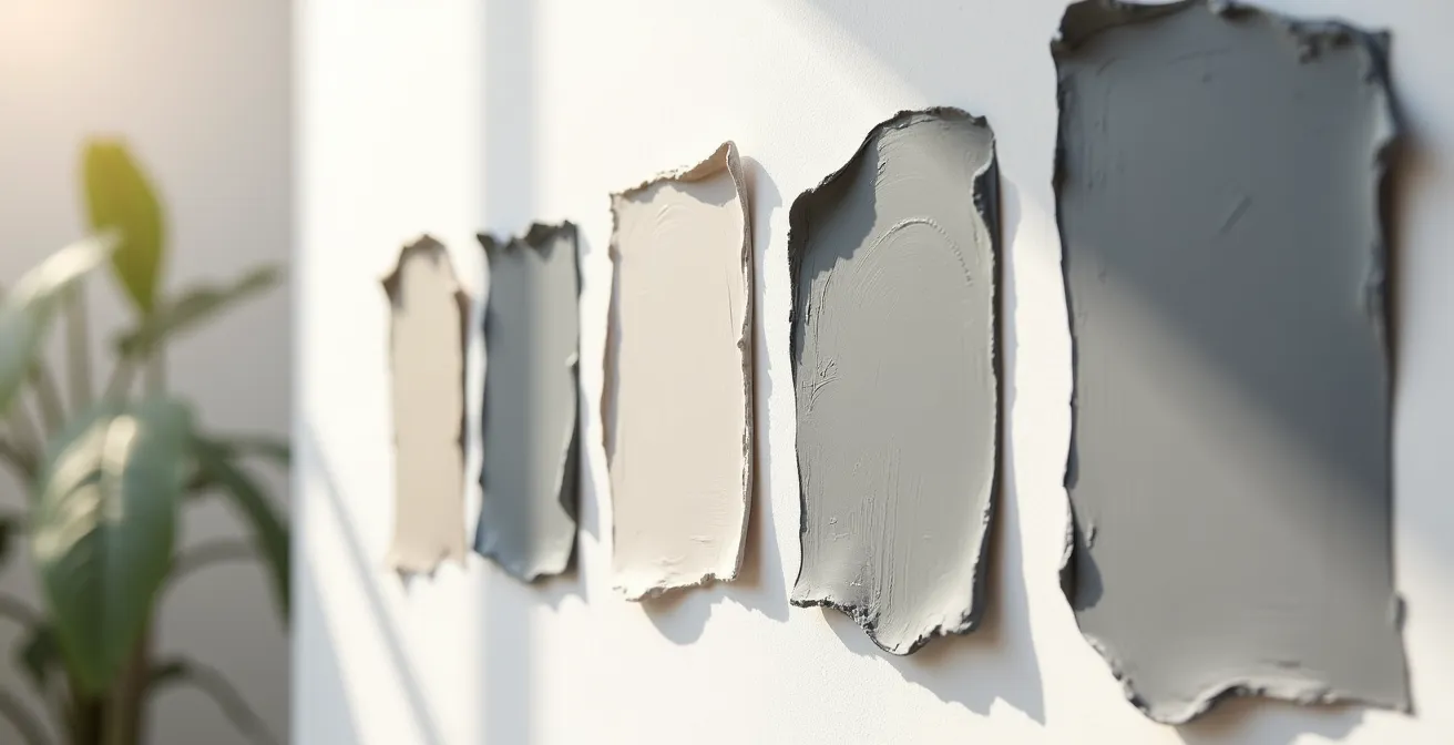 Muestras de pintura gris sobre pared blanca con luz natural mediterránea mostrando diferentes subtonos